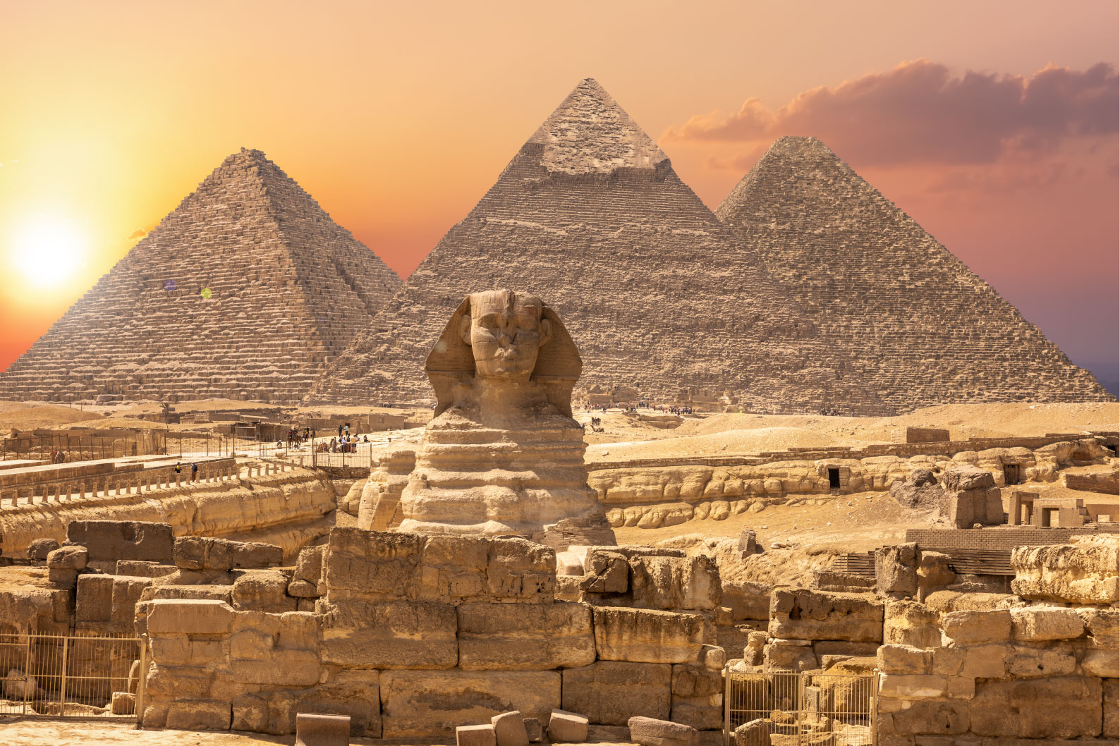 A view of the pyramids and sphinx in egypt.