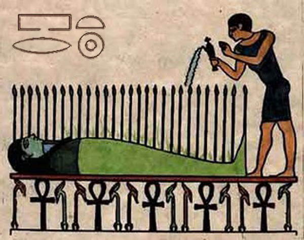 A painting of an egyptian scene with a man spraying water on the ground.